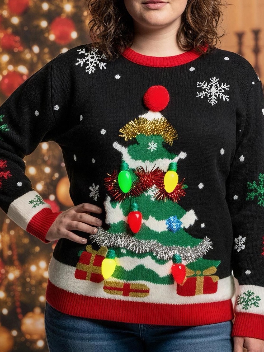 Unisex Ugly Christmas Festive Black Christmas Tree Light-Up Sweater - L
